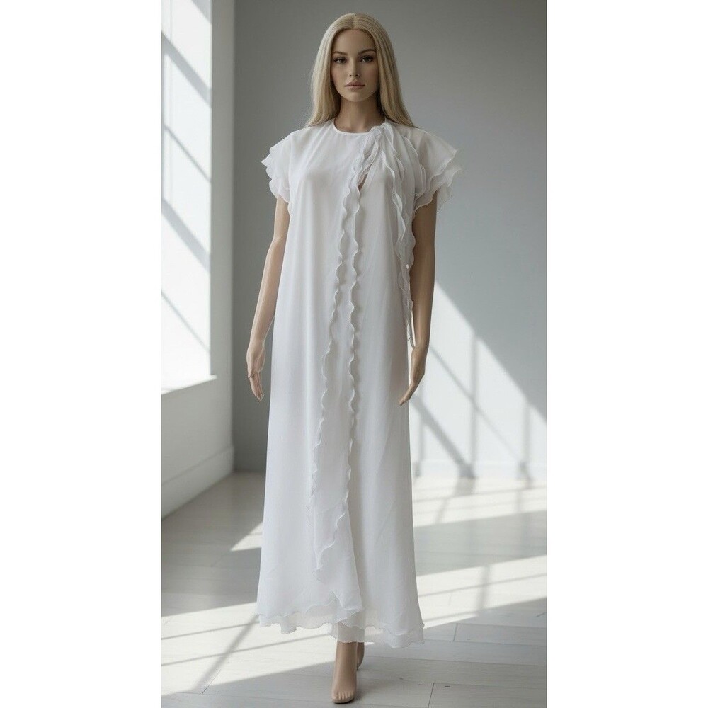 Vintage Georgette Trabolsi Robe Chiffon Maxi Cap Sleeve Ruffle Size S Union Made